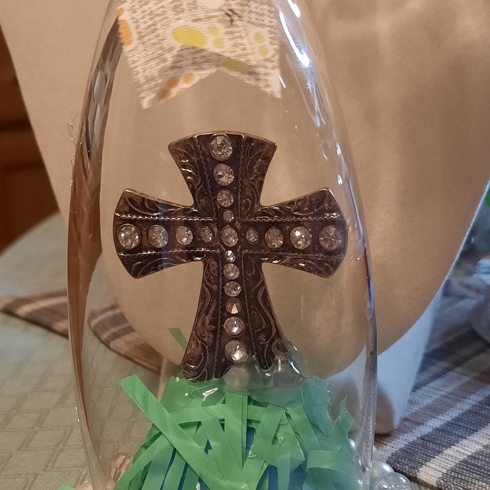 Handmade Rhinestone Cross Pendant with Bow Wine Glass Candle Holder - Picture 2 of 2